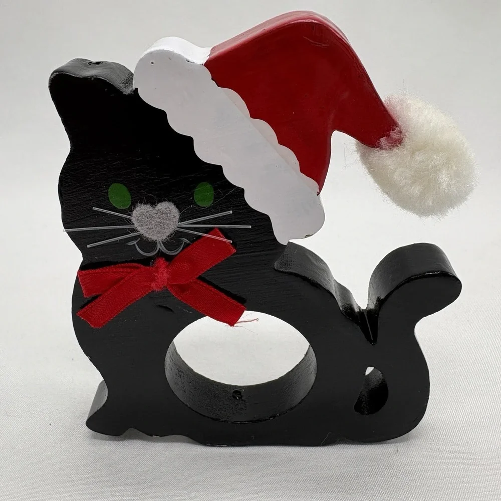 Vintage Christmas Black Cat Napkin Rings by Vera Wooden Set of 4 Santa Hats Cats